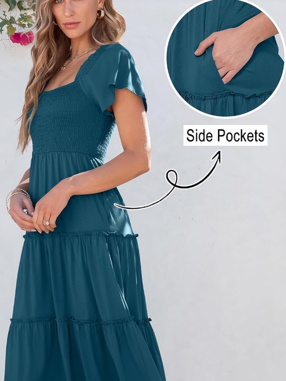 NWT ANRABESS Smocked Midi Dress | Women's XL | Flutter Sleeve | Pockets